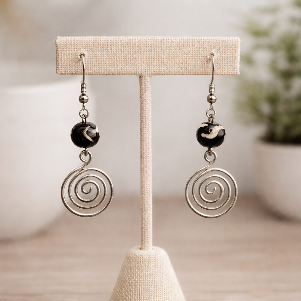 Dzi Style Carved Bead Earrings with Niobium Earwires